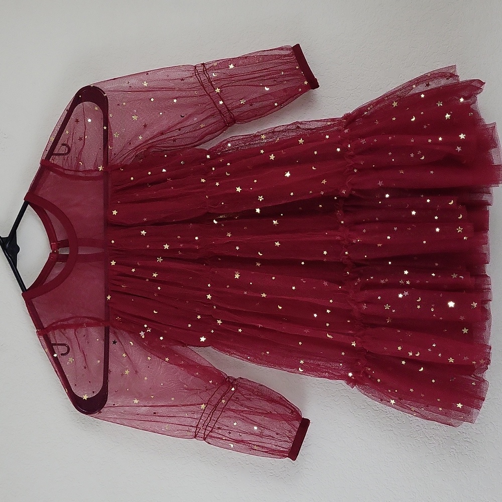 ELESTORY Starlet Dress Red Tulle Mesh with Gold Stars & Moons Size 5